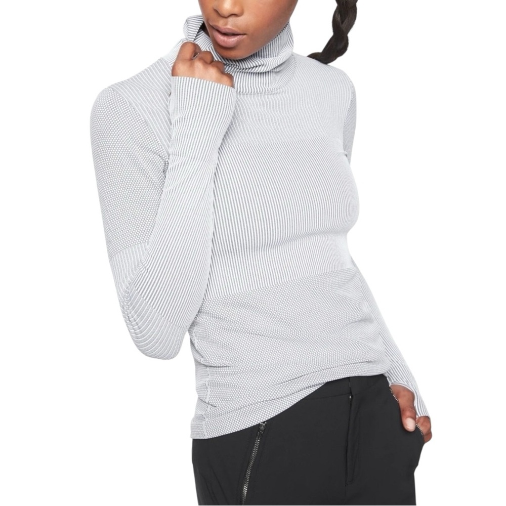 Athleta Flurry Base Layer Gray Turtleneck Long Sleeve Striped Top SMALL